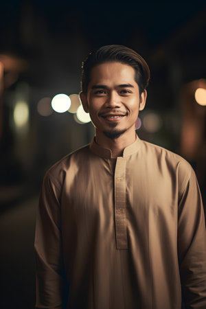 Portrait of a handsome young asian man standing outdoors at nightの素材