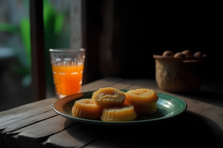 Thai dessert in green plate with orange juice on wooden table.の素材