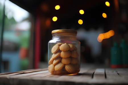 Cookies in a jar on a wooden table with bokeh backgroundの素材