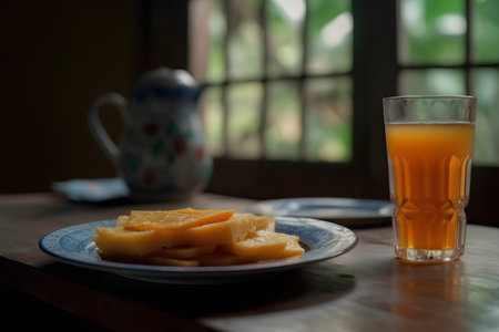 Sliced mango on a plate and glass of juice on wooden tableの素材