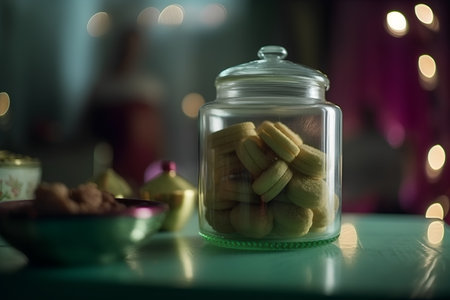 Glass jar with cookies on a table in front of a blurred backgroundの素材