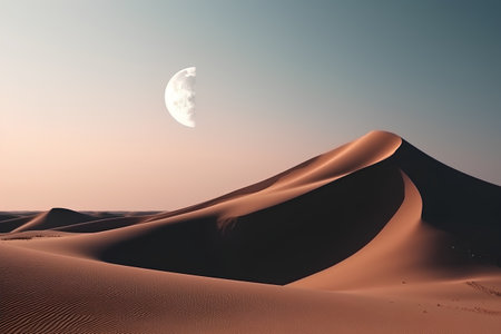 Desert sand dunes with moon in the sky, 3d renderの素材