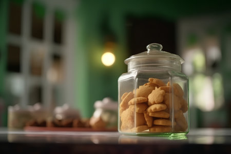 Cookies in a glass jar on the table. Selective focus.の素材