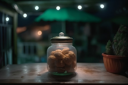 Walnuts in a glass jar on a wooden table. Selective focus.の素材