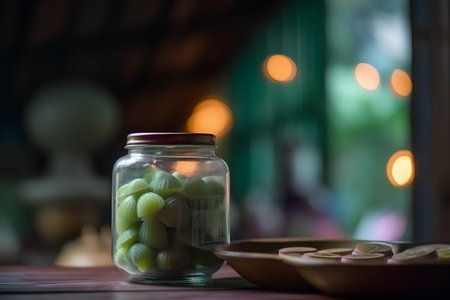 Green onions in a glass jar on a wooden table in a restaurantの素材
