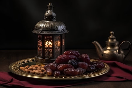Ramadan Kareem lantern with dates and nuts on a wooden tableの素材