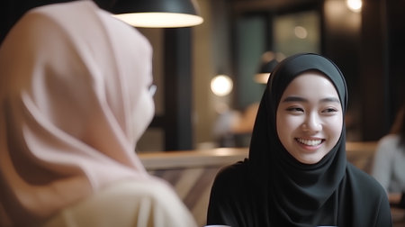 Portrait of a young muslim woman with her friend in cafeの素材