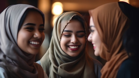 Group of multi ethnic muslim women wearing hijab smiling at the cameraの素材