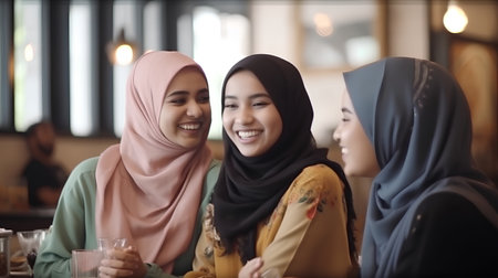 Portrait of muslim woman with her friends sitting in cafe.の素材
