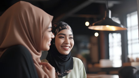 Muslim woman with her friend looking at each other and smiling in cafeの素材