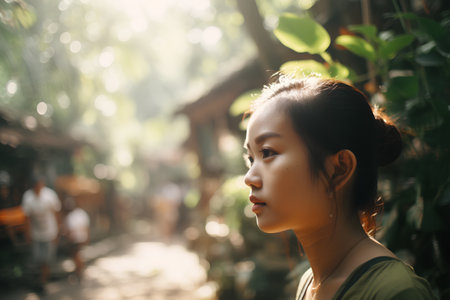 Portrait of a beautiful young asian woman in the garden.の素材