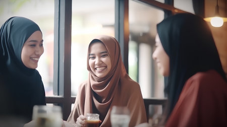 Hijab friends having a coffee together in a cafe, muslimの素材