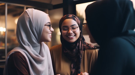 Portrait of happy muslim woman with her friends in a restaurantの素材