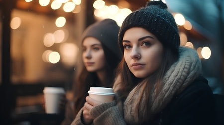 Two young beautiful women drinking coffee in the city at winter time.の素材