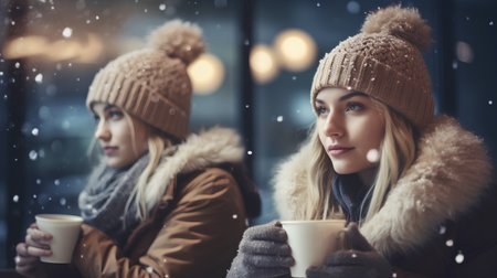 Portrait of two beautiful young women in winter clothes drinking coffee outdoorsの素材