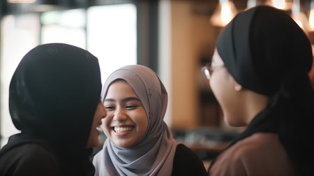 Group of friends having fun together at a coffee shop, Islam peopleの素材