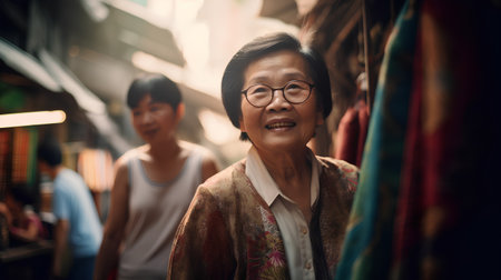 Asian old woman walking in the street with her friends in the backgroundの素材