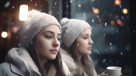 Two beautiful young women drinking coffee on the street in winter at nightの素材