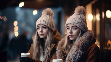 Two beautiful young women in warm winter clothes drinking coffee in the cityの素材