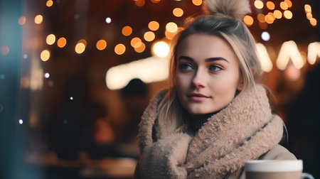Portrait of a beautiful girl with a cup of coffee in a cafeの素材
