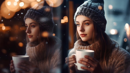 Two beautiful young women in warm sweaters and hats with cups of hot drink looking through the windowの素材