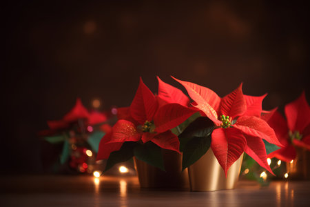 Christmas poinsettia on wooden table with glowing garland lightsの素材