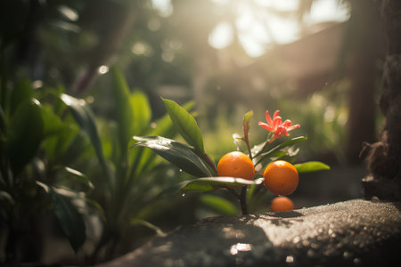 Tangerines on a tree in the garden. Selective focus.の素材