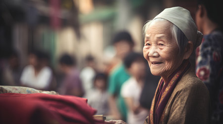 Old woman in the old town of Hanoi, Vietnam.の素材