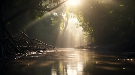 Morning sun rays shining through the branches of trees in a river.の素材