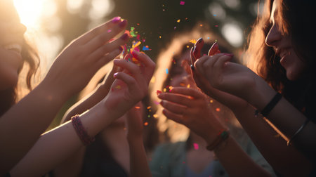 Group of friends having fun at a music festival with confetti.の素材
