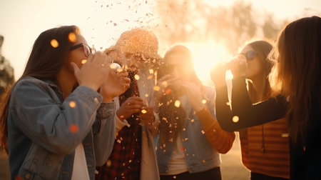 Group of young women throwing confetti at each other in autumn parkの素材