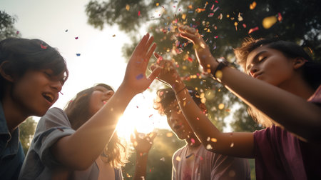 Group of happy teenage friends having fun with confetti in the parkの素材