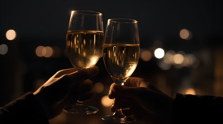 Two hands holding glasses of champagne over city lights background, closeupの素材
