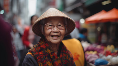 Old woman in a hat on the street of Hanoi, Vietnamの素材