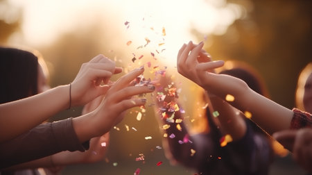 Group of young people throwing confetti in the air during a partyの素材