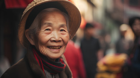 Portrait of an elderly asian woman in a hat on the streetの素材