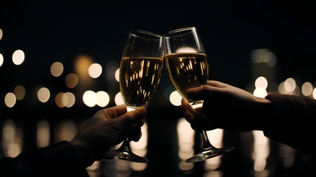 two hands clinking glasses of champagne with bokeh lights backgroundの素材