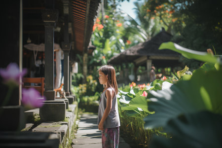 Asian little girl walking in the garden. The girl is dressed in a white T-shirt.の素材