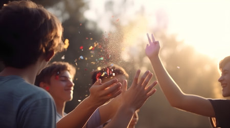Group of young friends having fun with confetti at a music festivalの素材