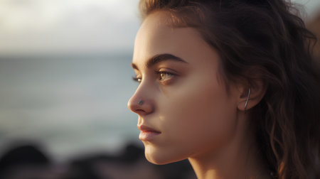 Close-up portrait of a beautiful girl on the seashoreの素材