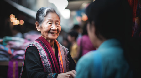 Asian senior woman walking in the street of Chinatown in Bangkok, Thailandの素材