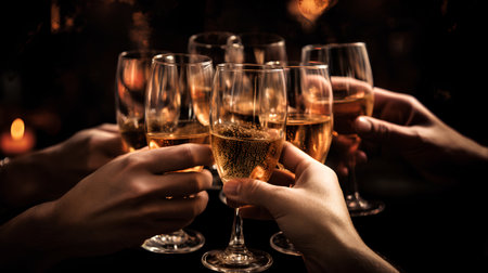 close up of hands clinking glasses of champagne with bokeh backgroundの素材