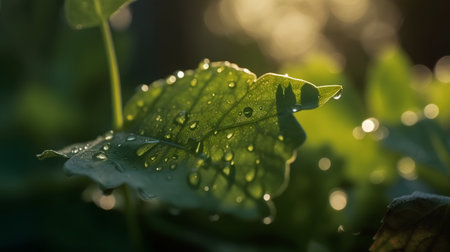 Drops of dew on a green leaf in the morning lightの素材