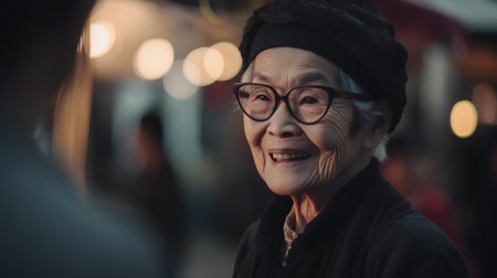 Portrait of an elderly Asian woman in a hat and glasses.の素材