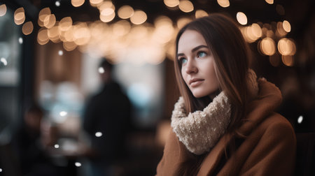 Beautiful young woman in winter coat on the background of a cafeの素材