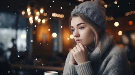 Beautiful young woman in warm sweater and hat with cup of coffee in cafeの素材