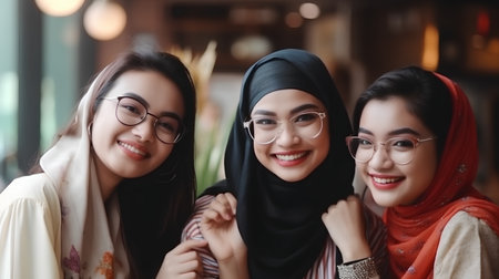 Portrait of three beautiful muslim women with eyeglasses smilingの素材