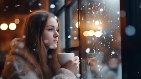 Beautiful young woman with cup of coffee in cafe at winter timeの素材