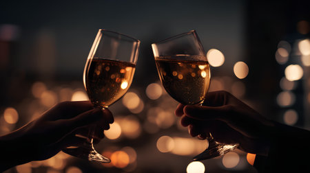 two hands clinking glasses of champagne with bokeh lights backgroundの素材