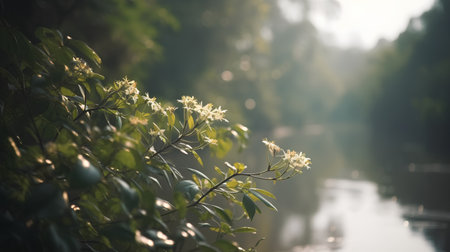 flowers on the background of the river and the forest in the morningの素材